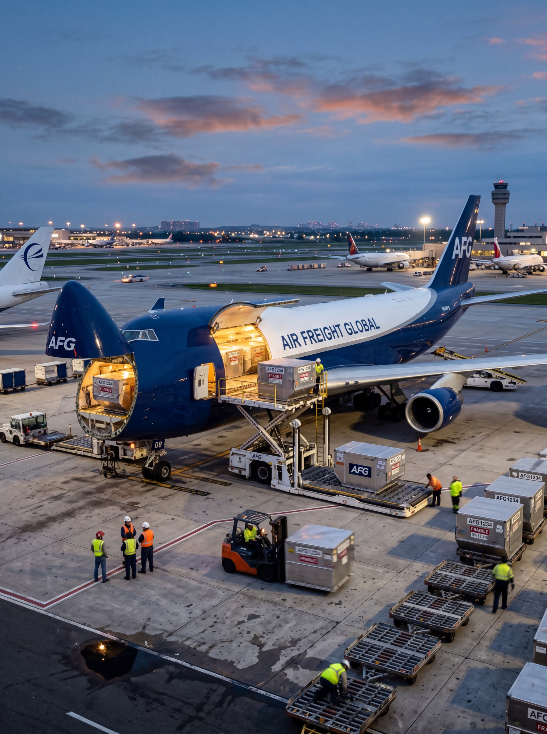 Global airfreight cargo loading at dusk