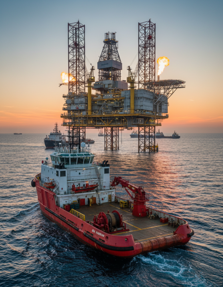 Offshore support vessel near oil rig