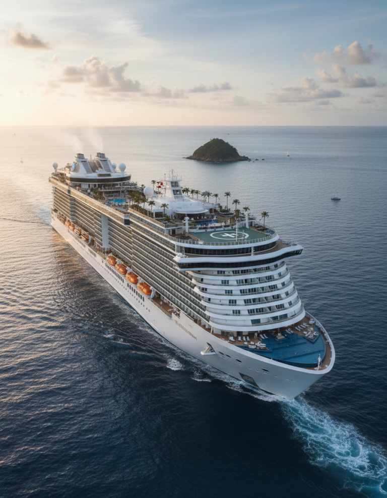 Luxury cruise ship at sunset