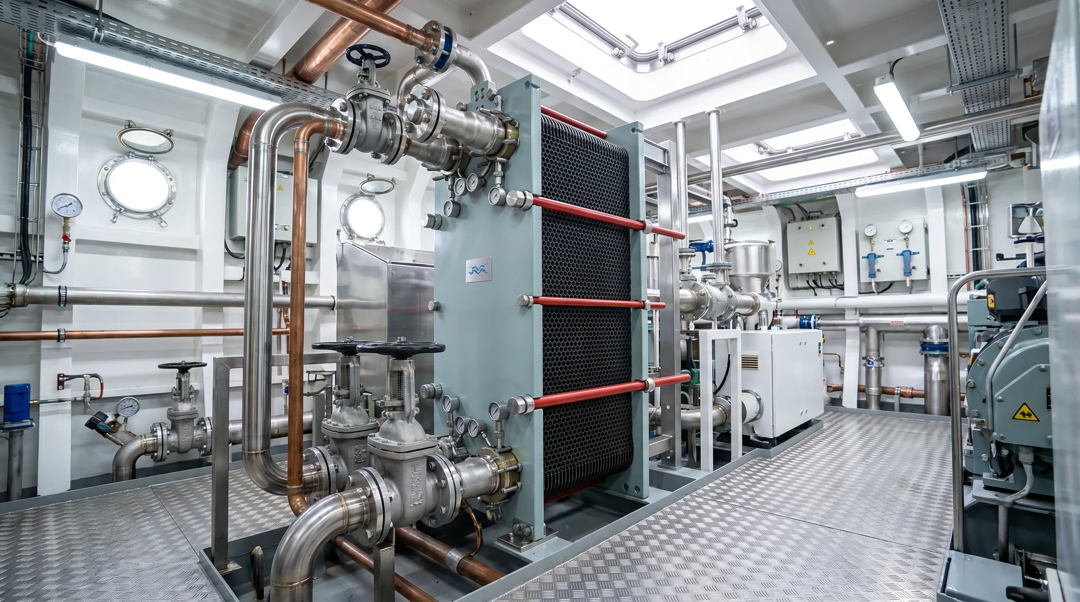 Heat Exchanger marine spare parts in a ship engine room — Wattmare supplier India