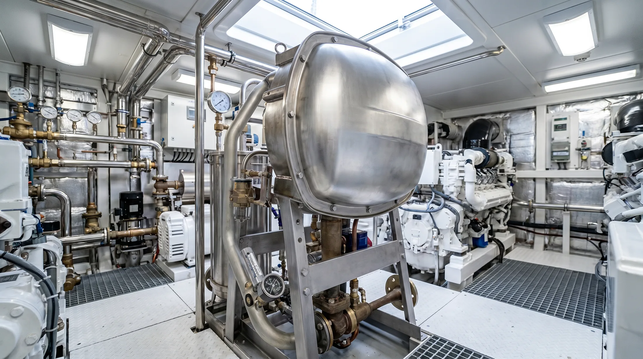 Fresh Water Generator marine spare parts in a ship engine room — Wattmare supplier India
