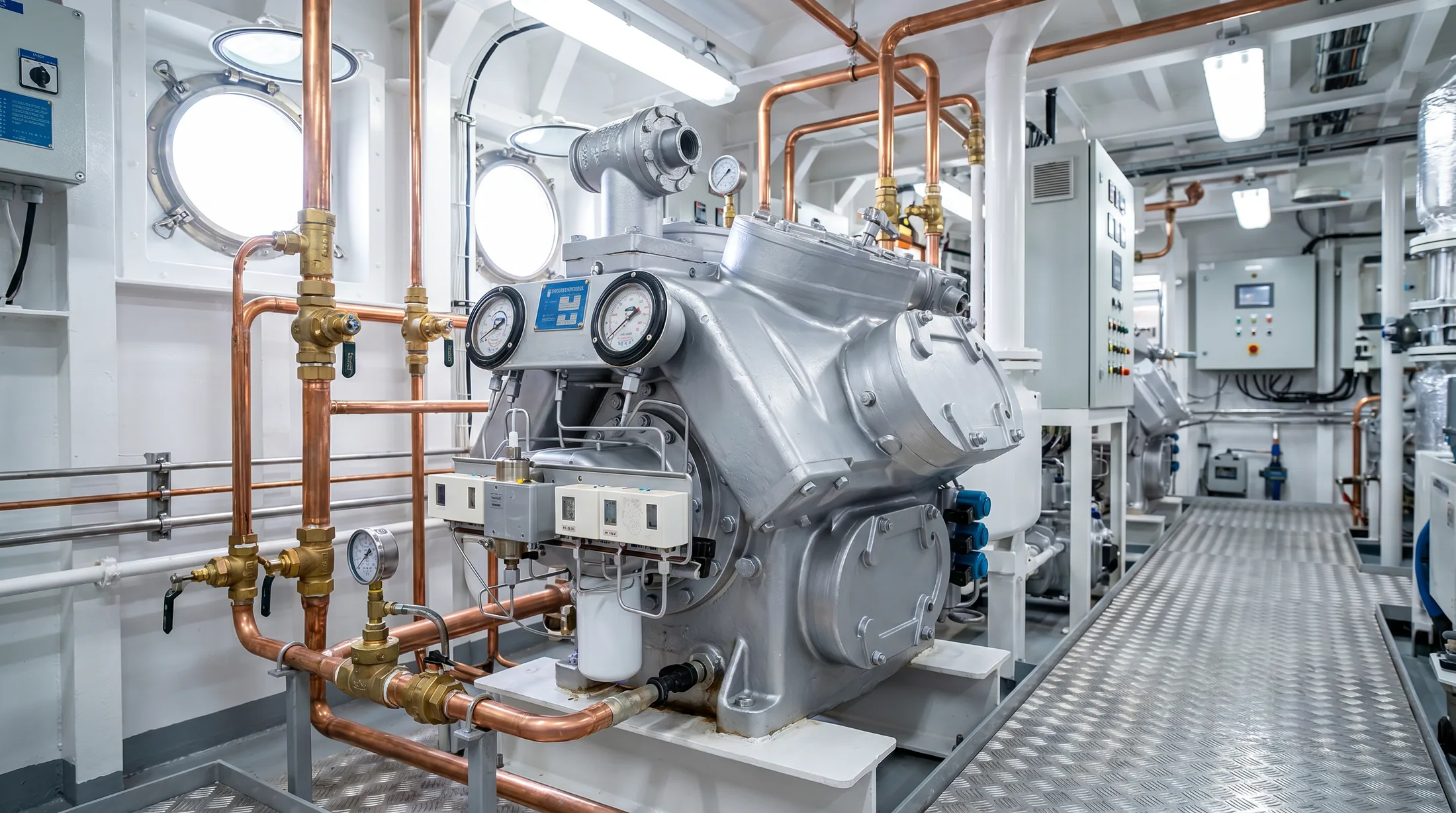 Refrigeration Compressor marine spare parts in a ship engine room — Wattmare supplier India
