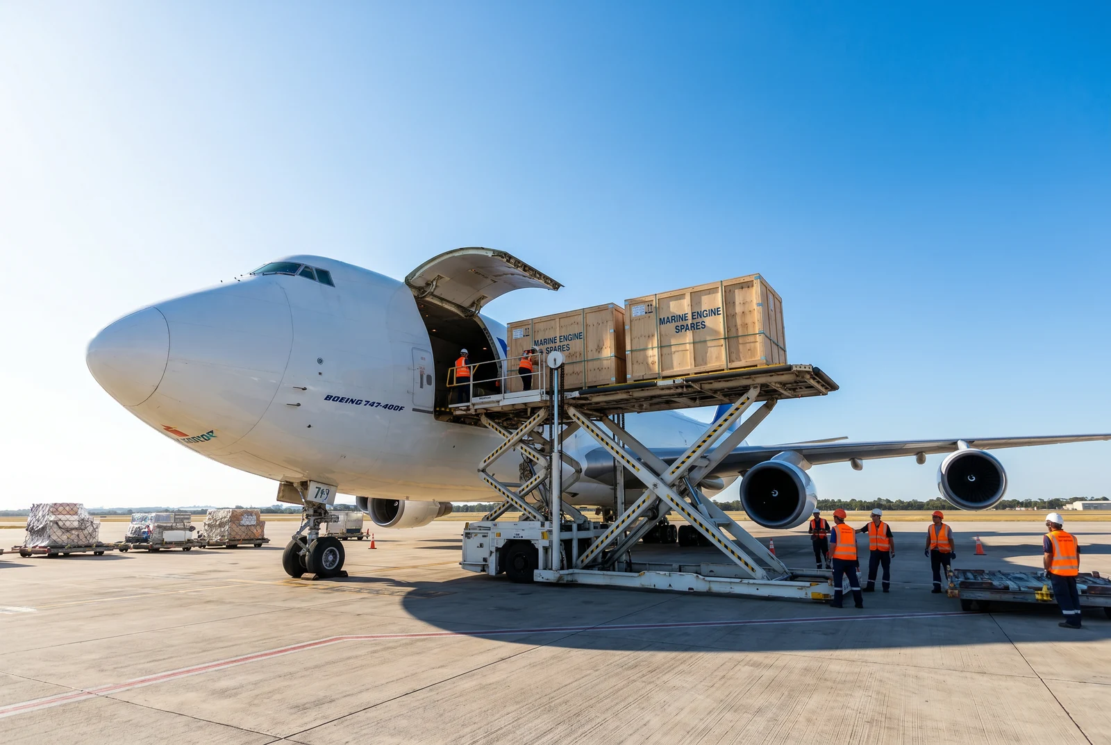 Boeing 747 freighter loading MAN B&W marine engine spare-part crates for emergency dispatch from Wattmare to Jebel Ali, UAE