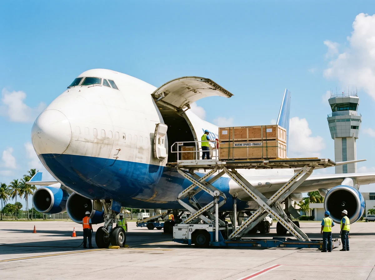 Cargo freighter loading a reconditioned ABB VTR564 turbocharger cartridge for airfreight from Alang, India to Singapore