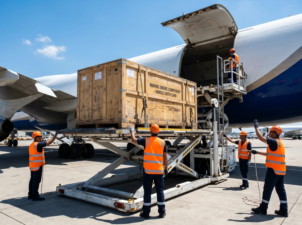 Handlers loading a crated obsolete Wartsila Vasa fuel pump assembly for airfreight from Bhavnagar to a vessel transiting the Suez Canal