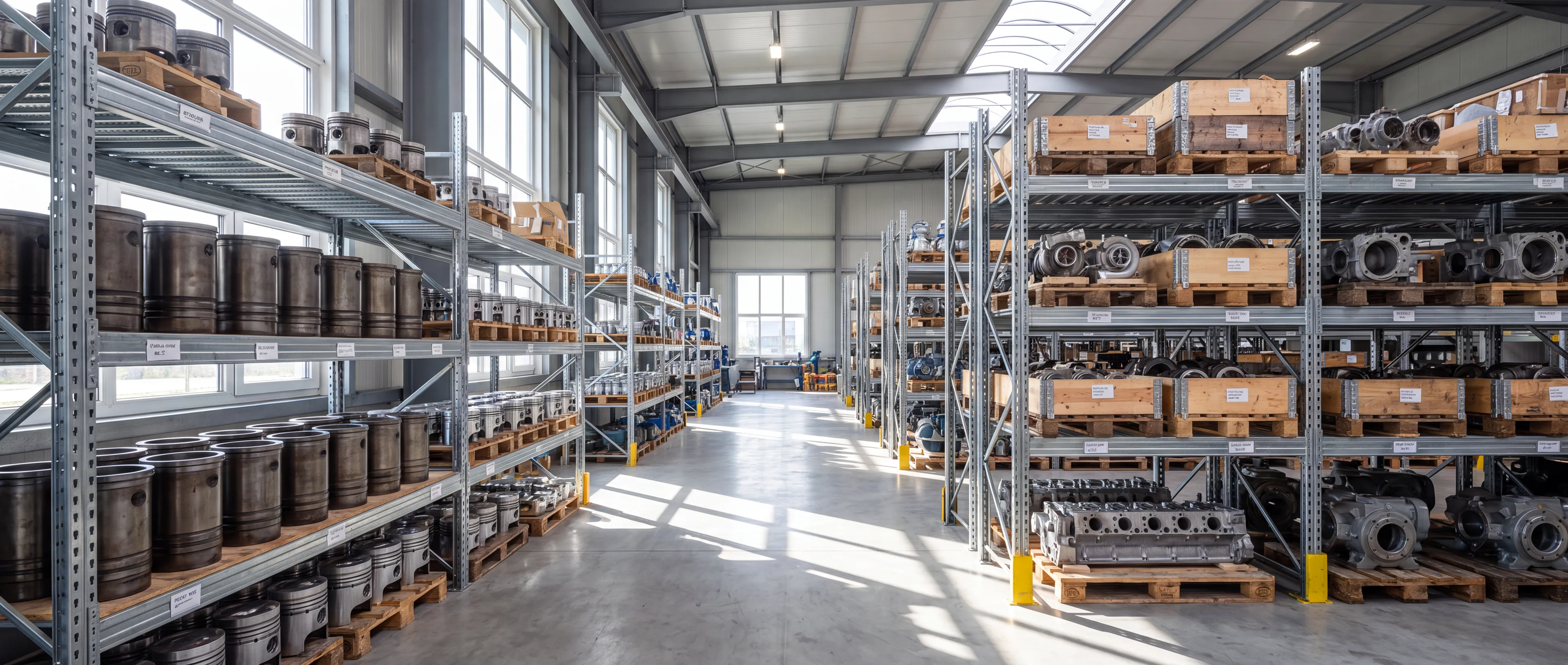 Organised marine engine spare parts warehouse in India — racking of reconditioned cylinder liners, pistons and turbocharger cartridges