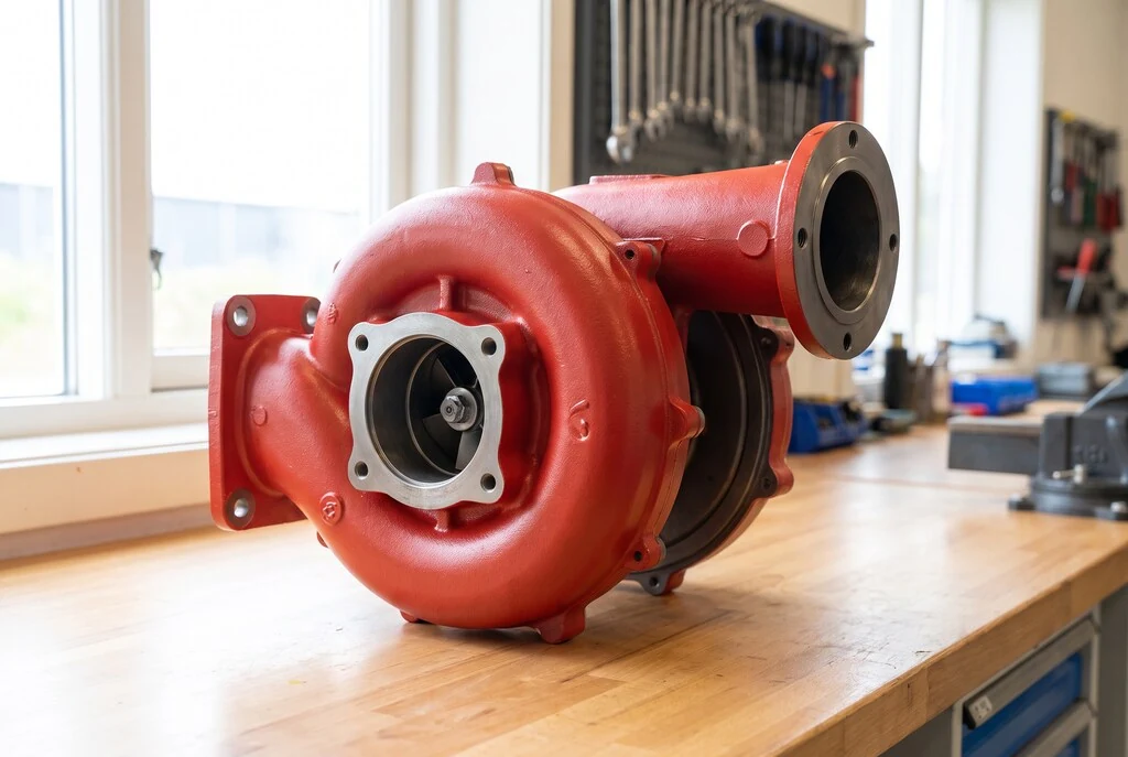 OEM-equivalent marine engine turbocharger unit built to maker specification, on a workshop bench