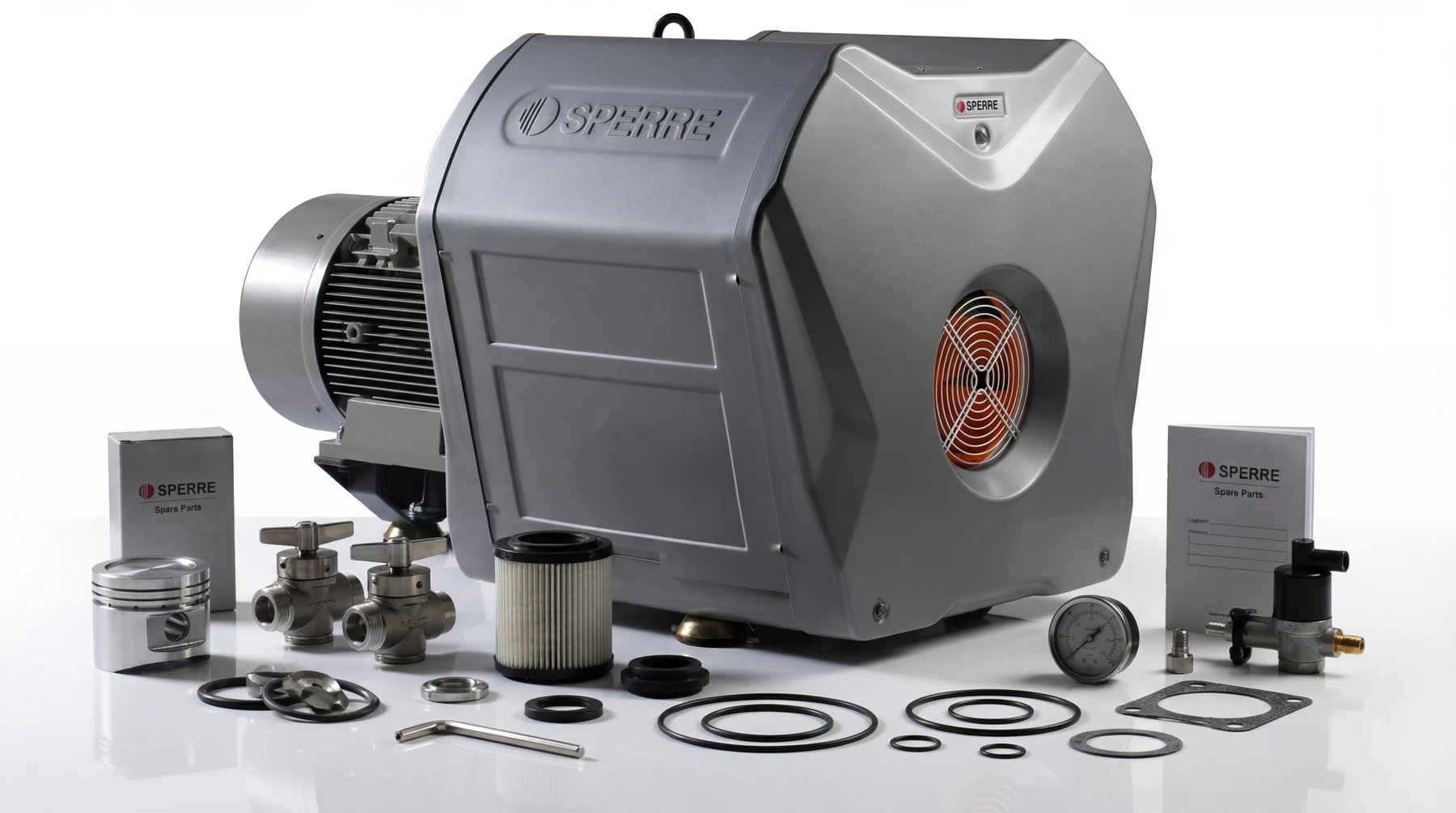 Marine air compressor with every wear part supplied by Wattmare - pistons, valves, filter, gaskets and gauge