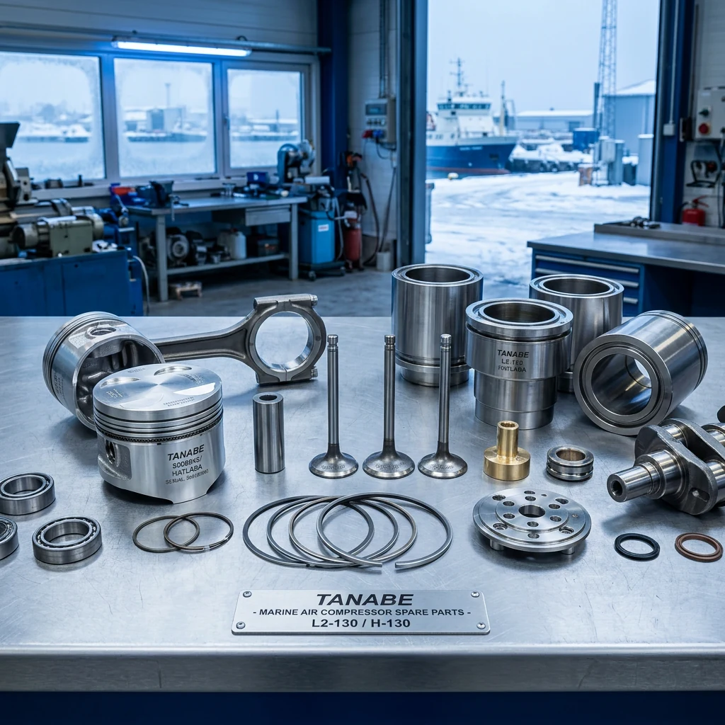 Air-compressor pistons, valves and cylinders laid out on a bench, inspected and measured