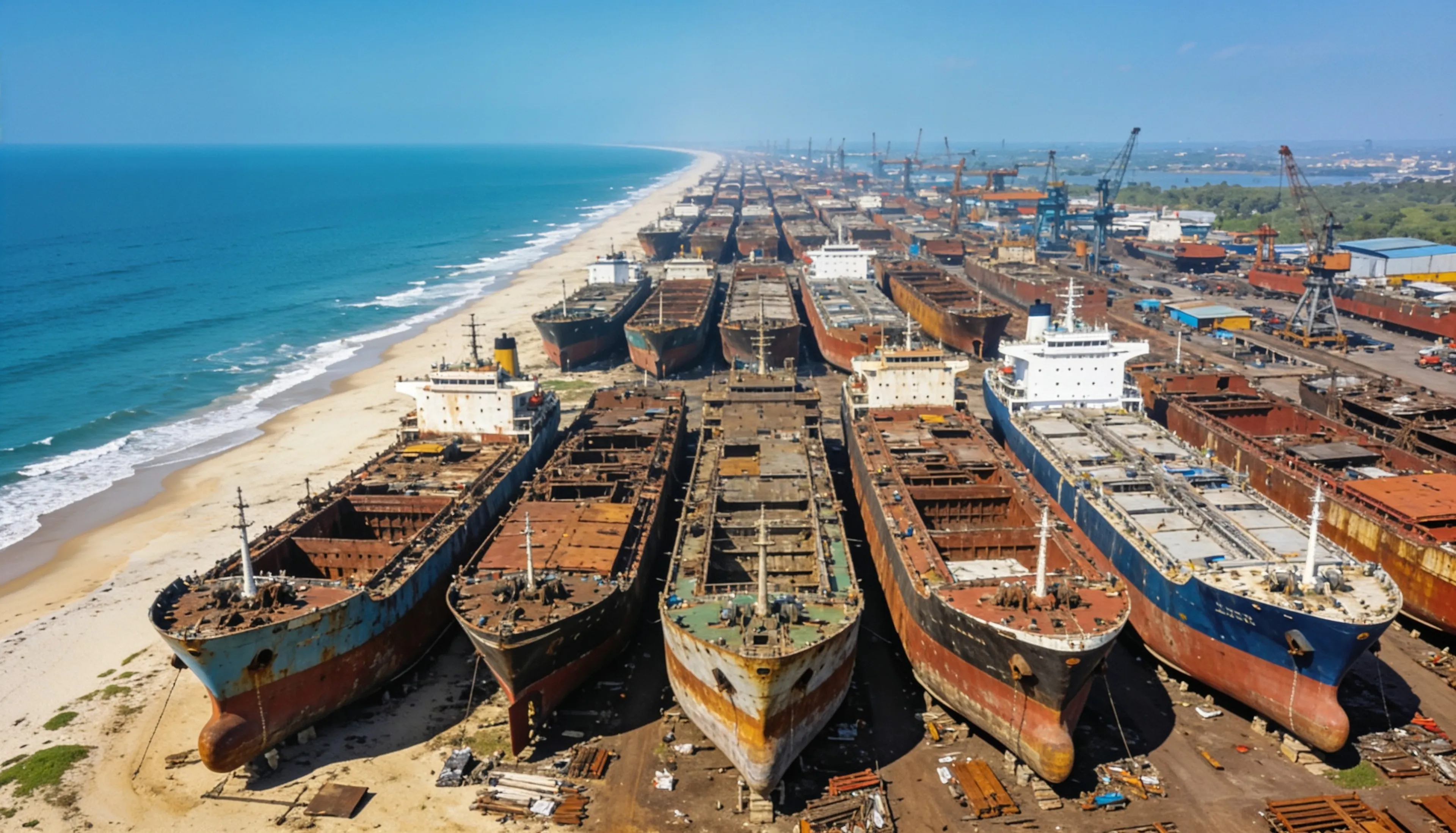 Aerial view of the Alang ship-recycling yard, Gujarat India - many ships beached for recycling