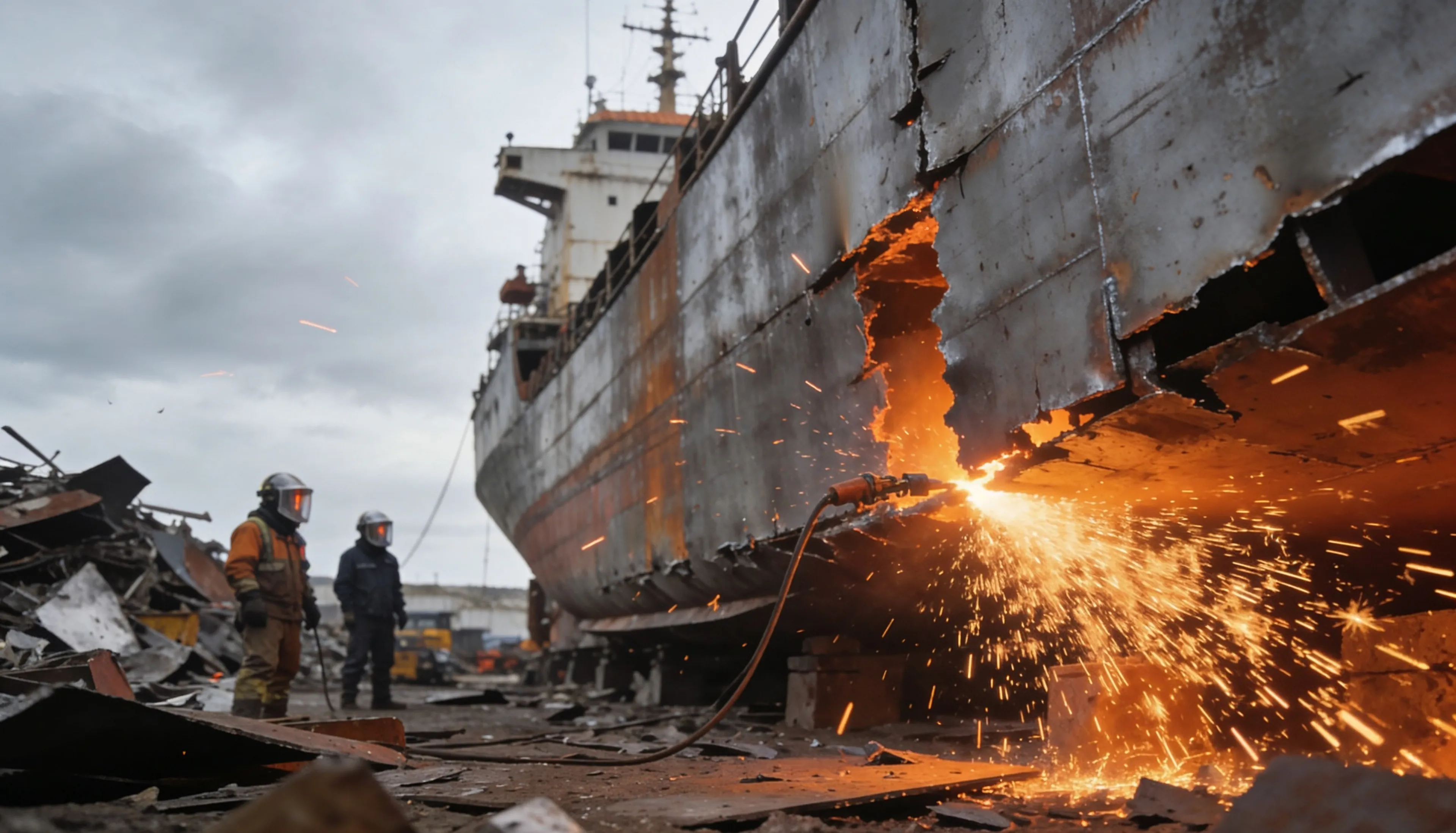 Ship hull being cut at a recycling yard - responsible ship recycling