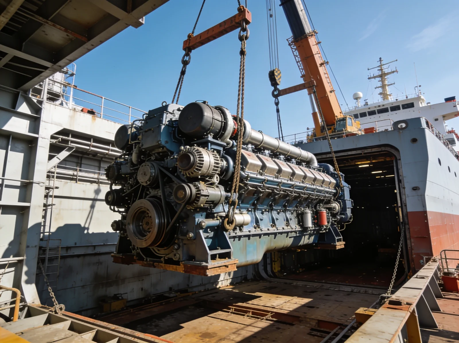 Marine engine lifted out of a ship at Alang