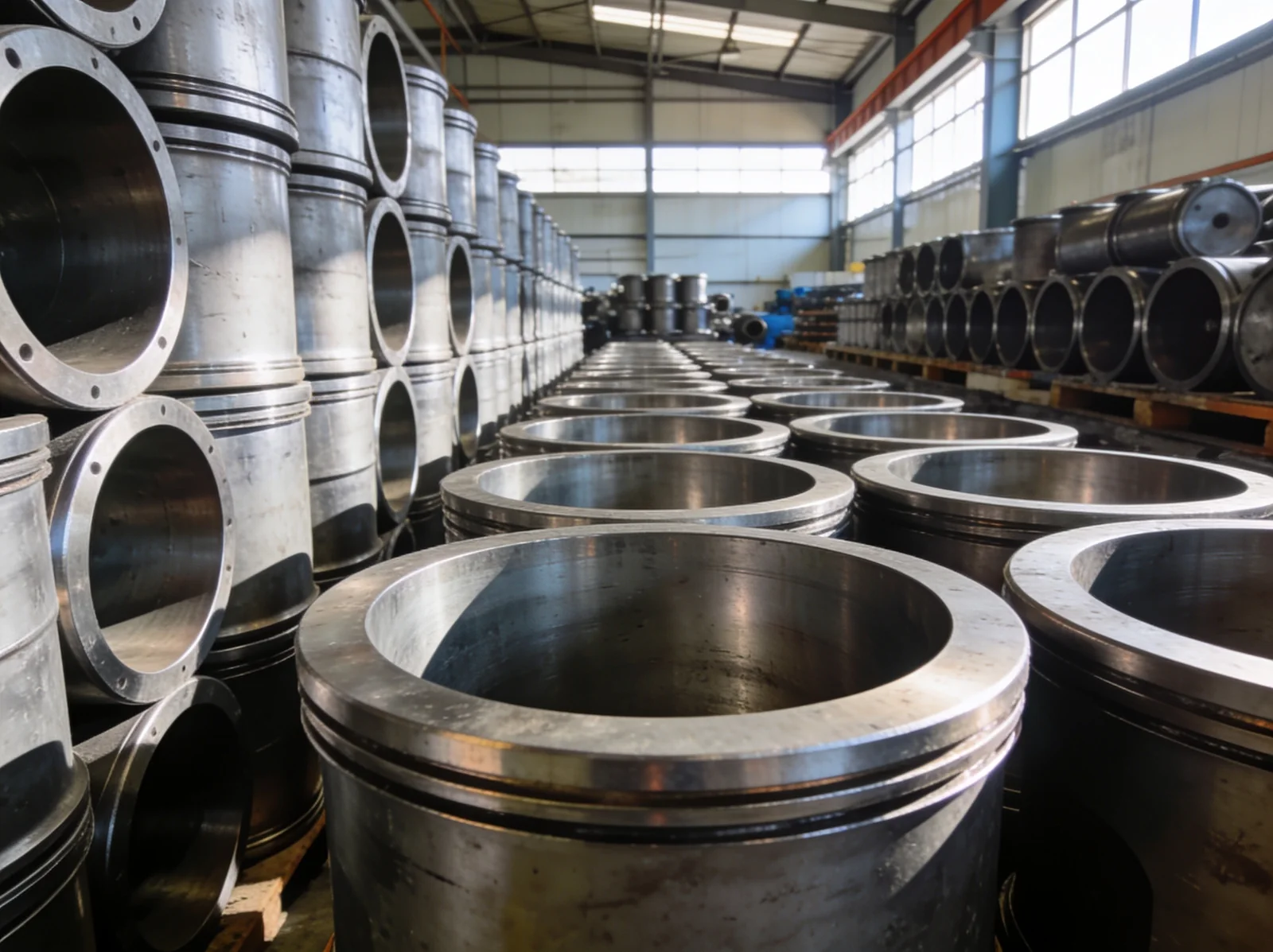 Recovered marine cylinder liners stacked