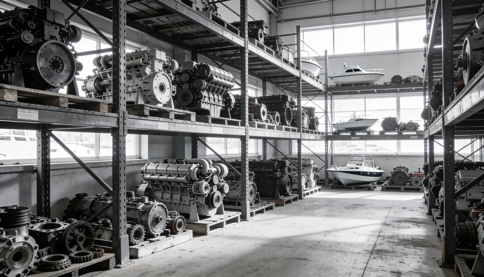 Recovered marine engines in a Bhavnagar warehouse