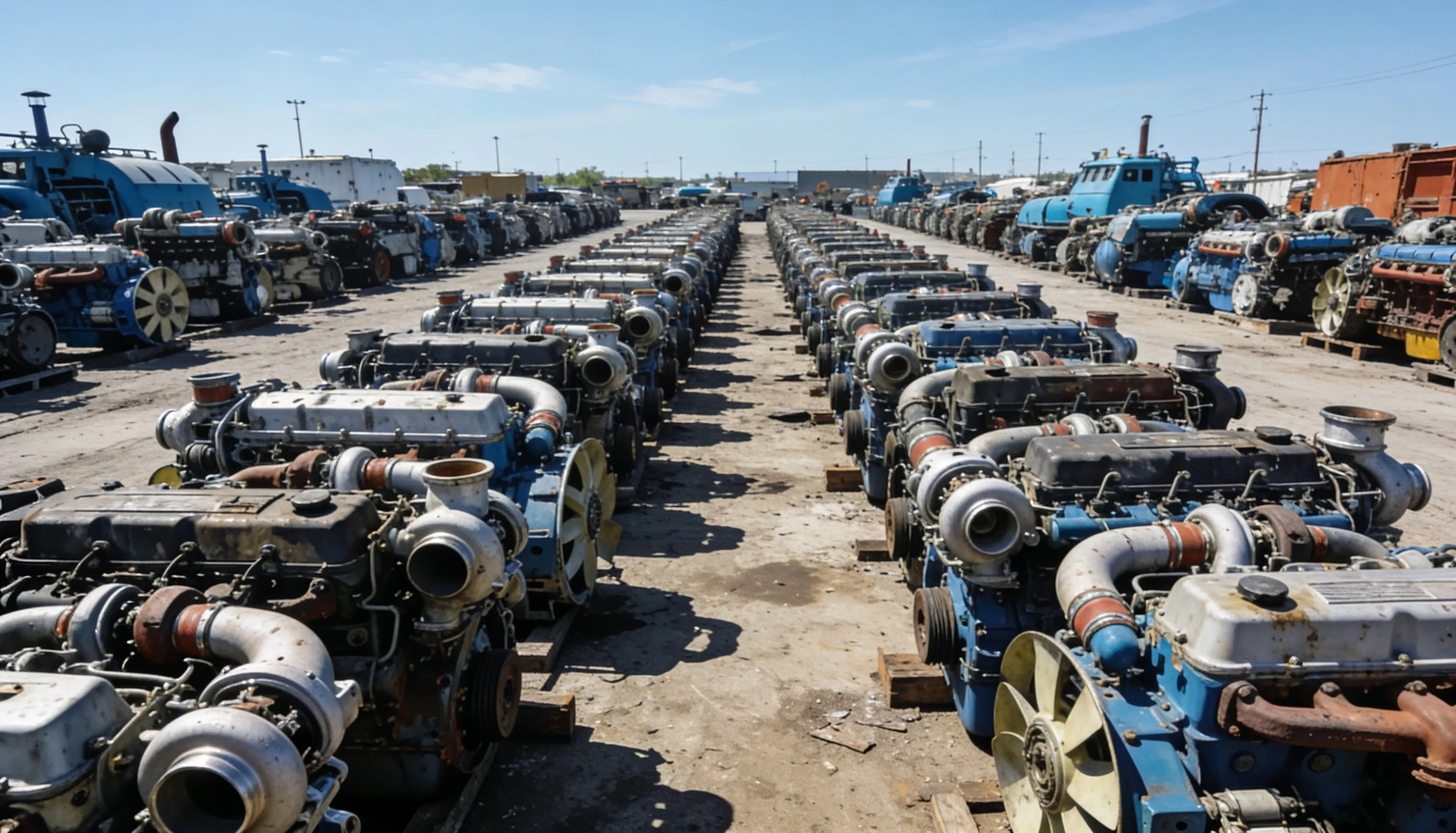 Rows of recovered marine engines and turbochargers in the Alang yard