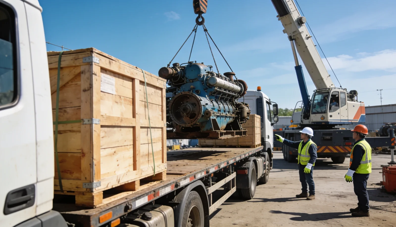 Trucks loading recovered marine machinery for export