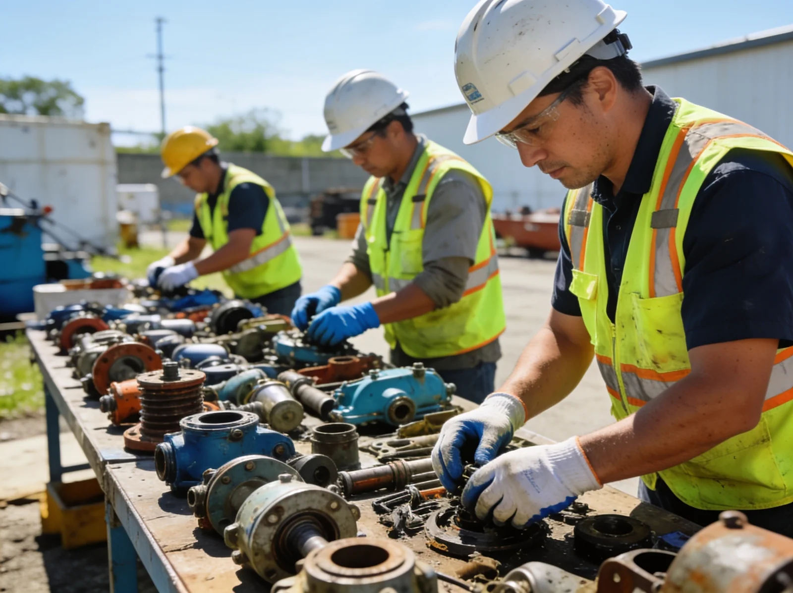 Workers sorting recovered marine parts
