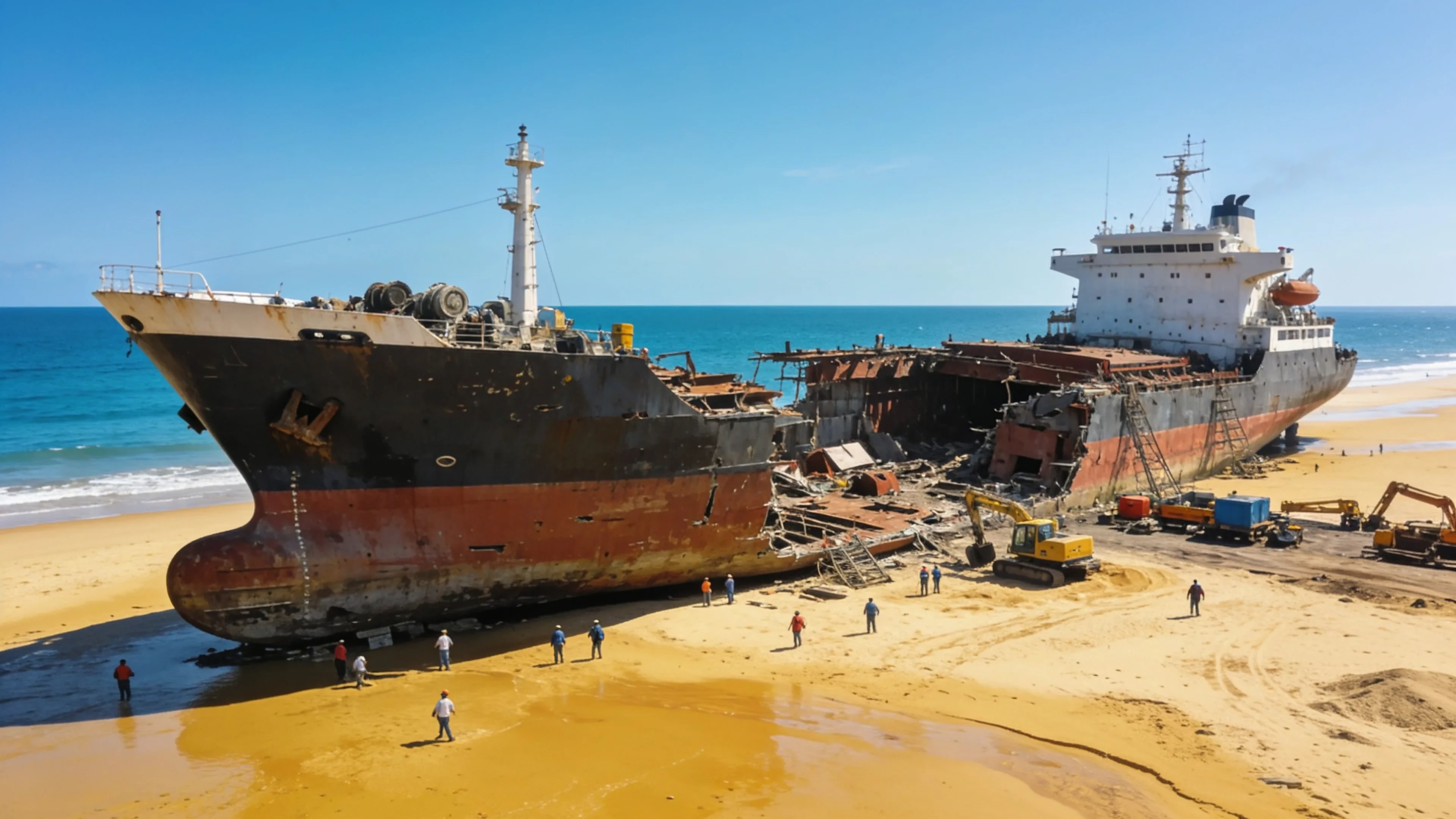 Alang ship-recycling beach near Bhavnagar - a vessel being dismantled in daytime