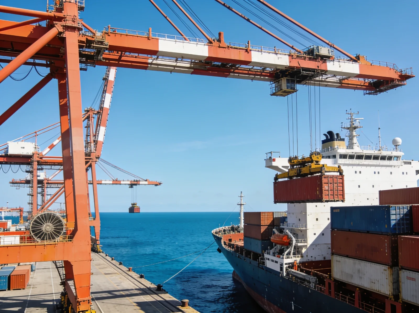 Gujarat deep-water container port with gantry cranes loading a vessel