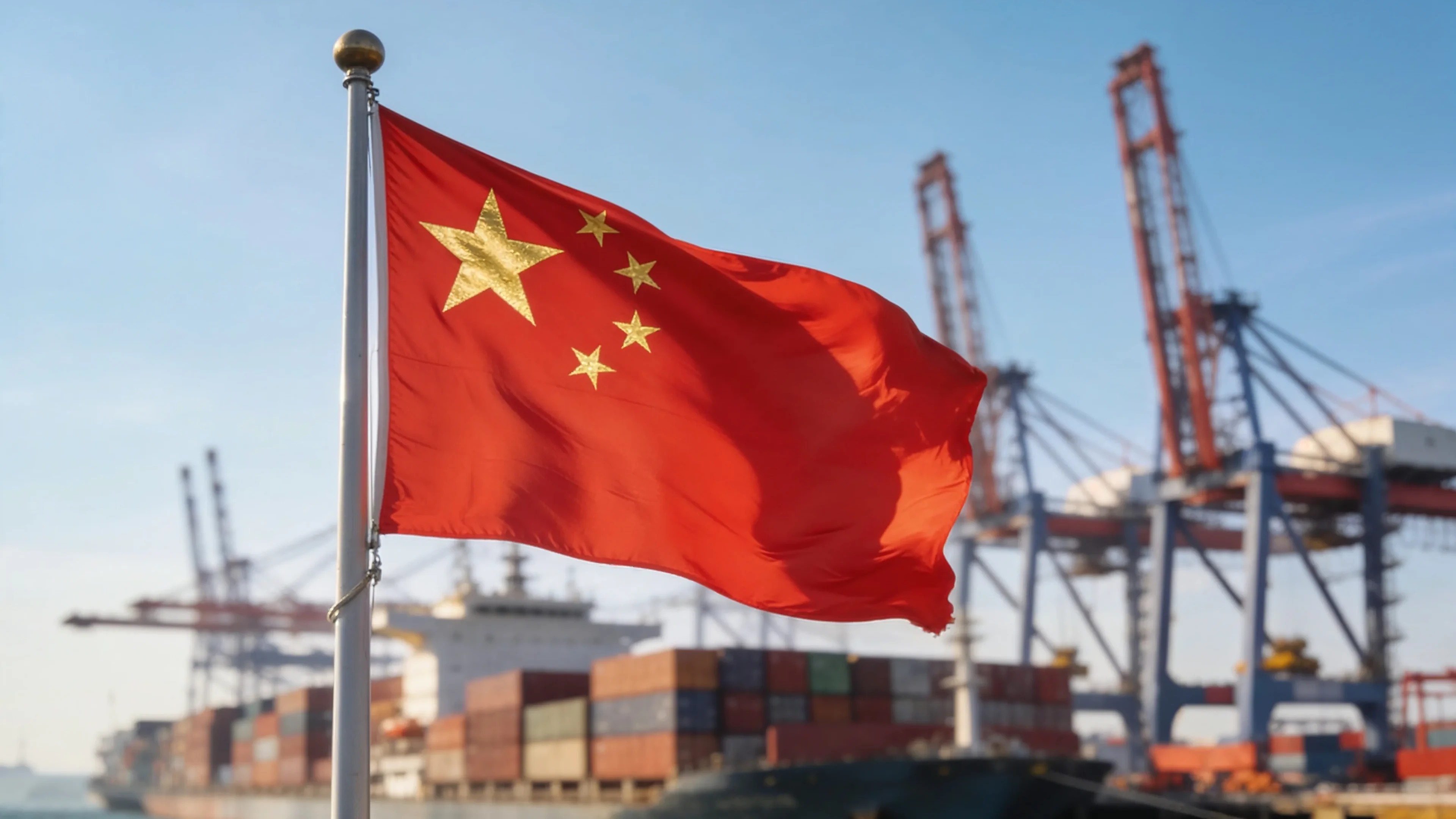 Chinese flag flying beside a busy container port - marine spare parts delivered to China from India