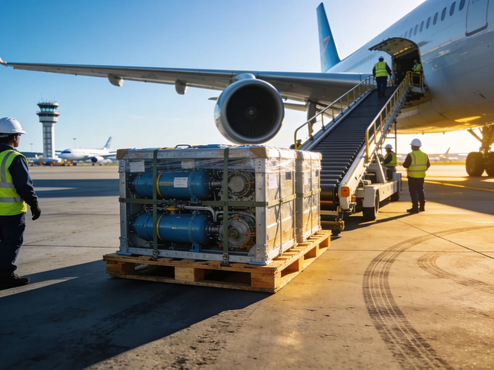 Marine spare parts loaded onto a cargo aircraft bound for Tokyo or Osaka