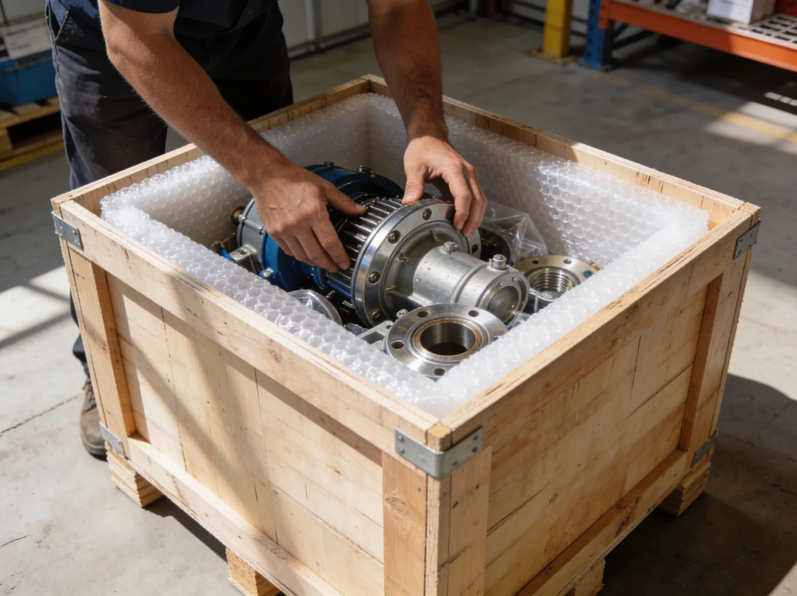 Seaworthy export crates of marine parts ready to ship from India to the UAE