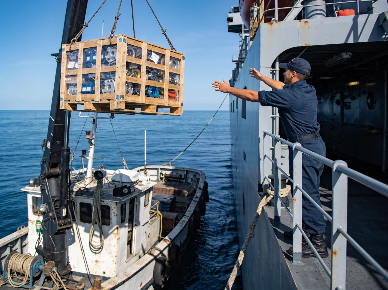 Spare-parts crate hoisted to a vessel at the Tuzla anchorage