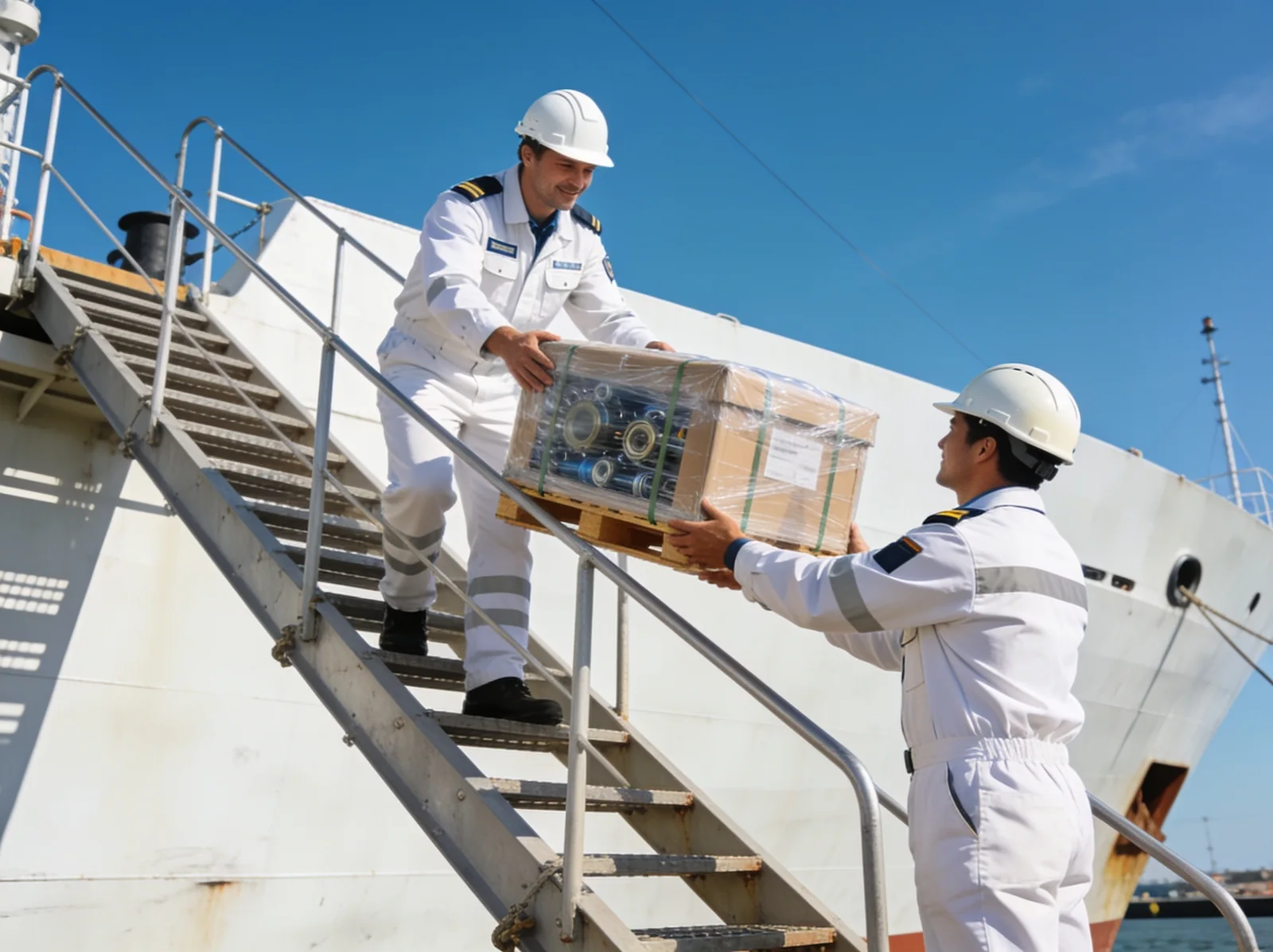 Chief engineer receiving a part at the gangway