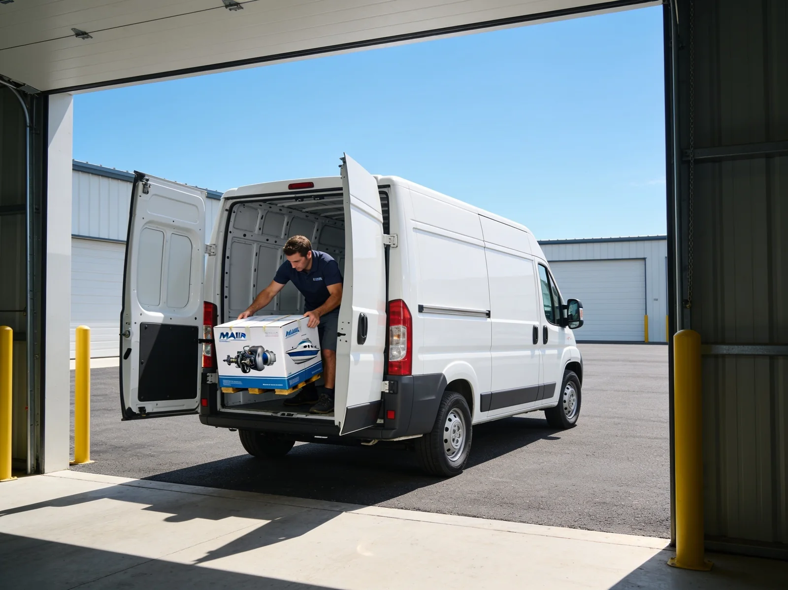 Courier van loading marine parts at the warehouse