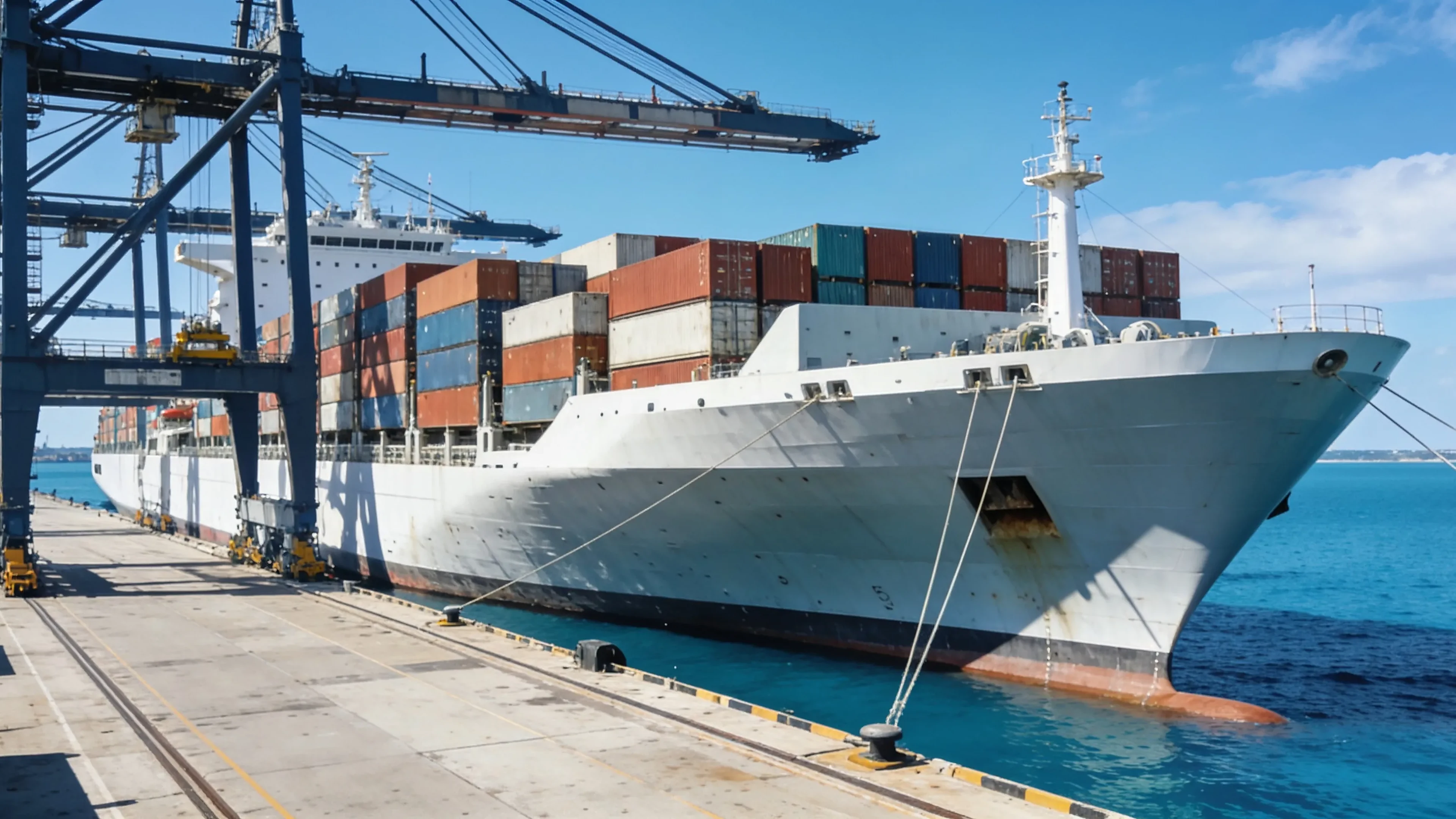 Container vessel berthed at a port awaiting an emergency spare part