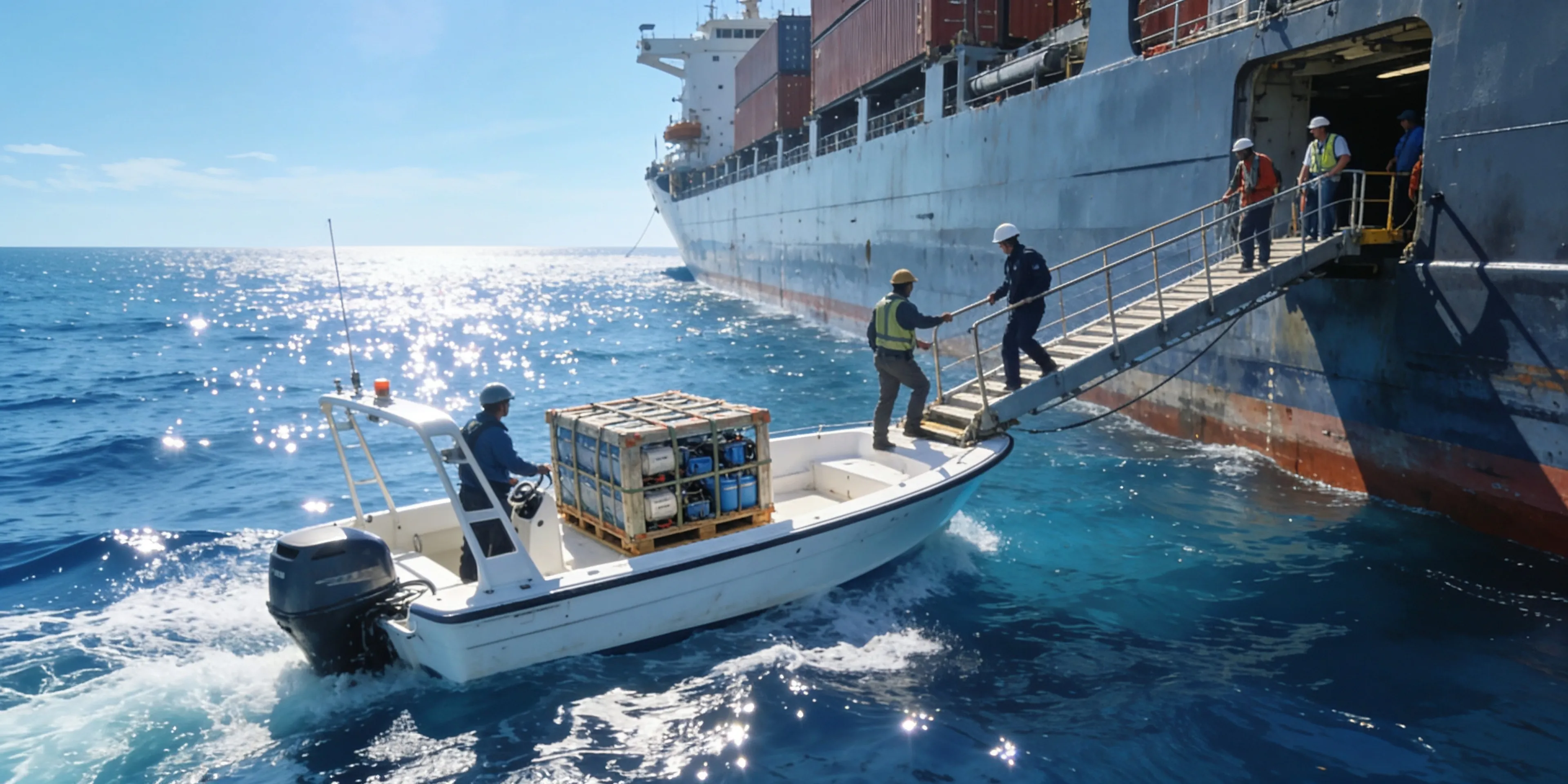 Supply launch boat delivering a marine spare part to a vessel at anchorage