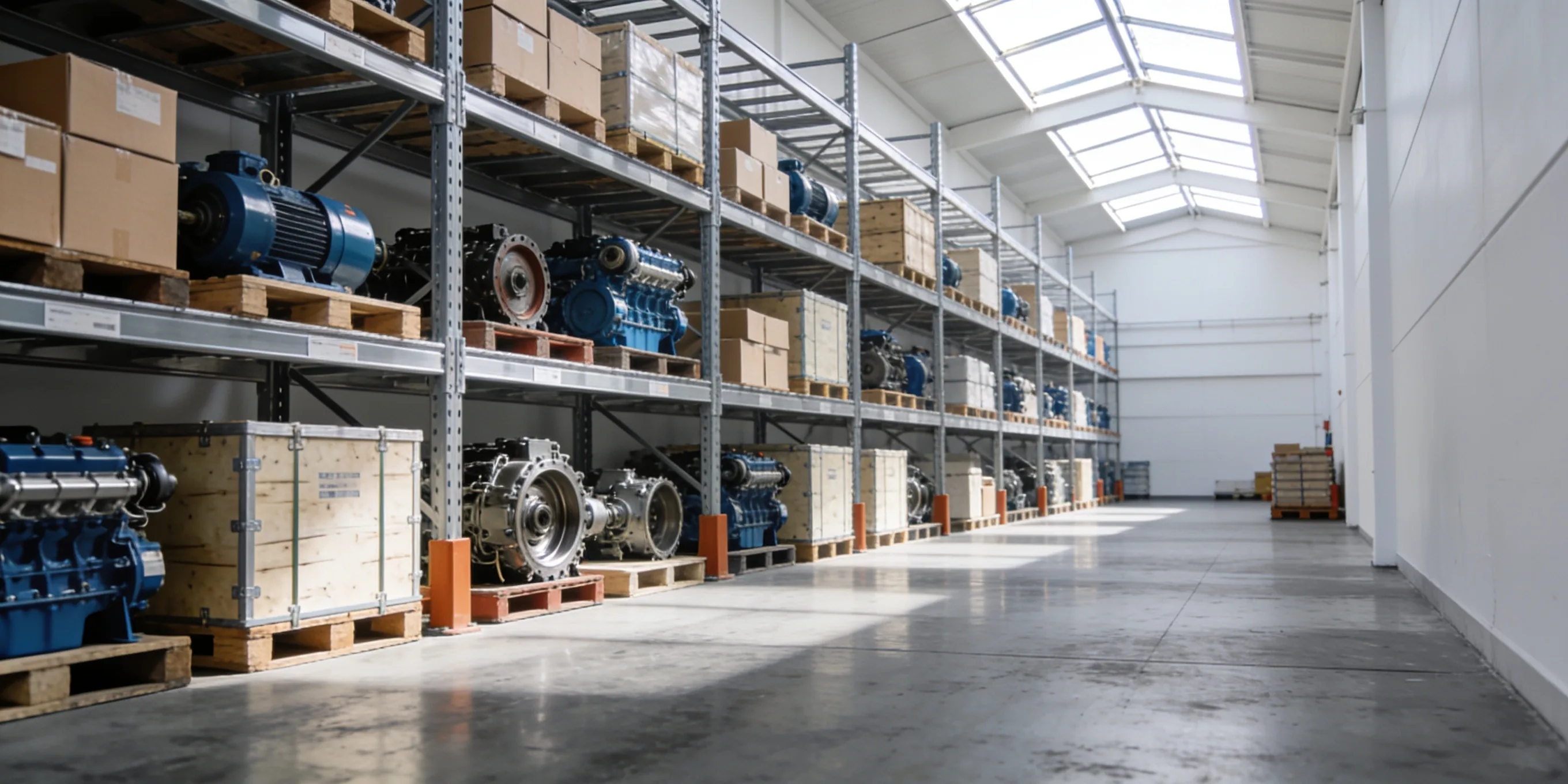 Bright warehouse of ready marine spare parts stock organised for fast dispatch, India