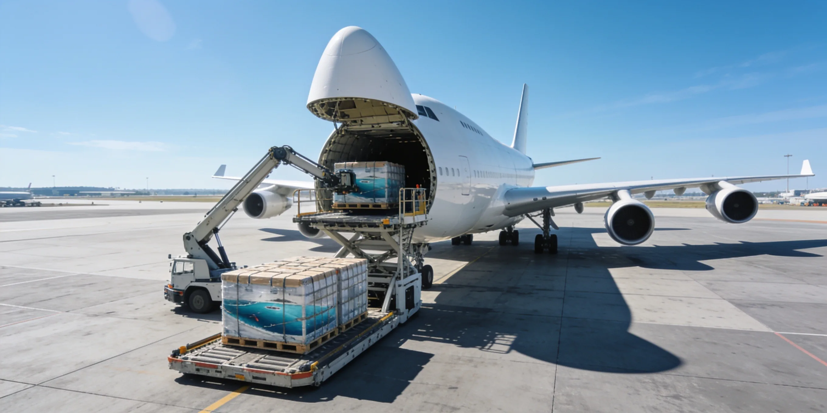 Marine spare parts loaded onto a cargo aircraft in India for air freight to Singapore Changi