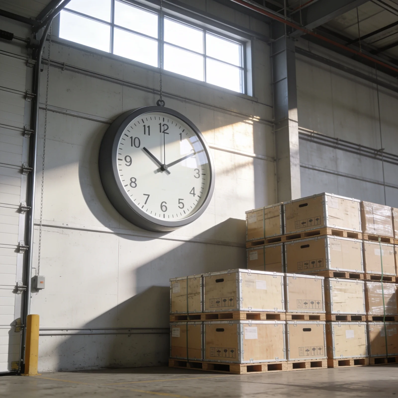 Clock above export crates ready to dispatch