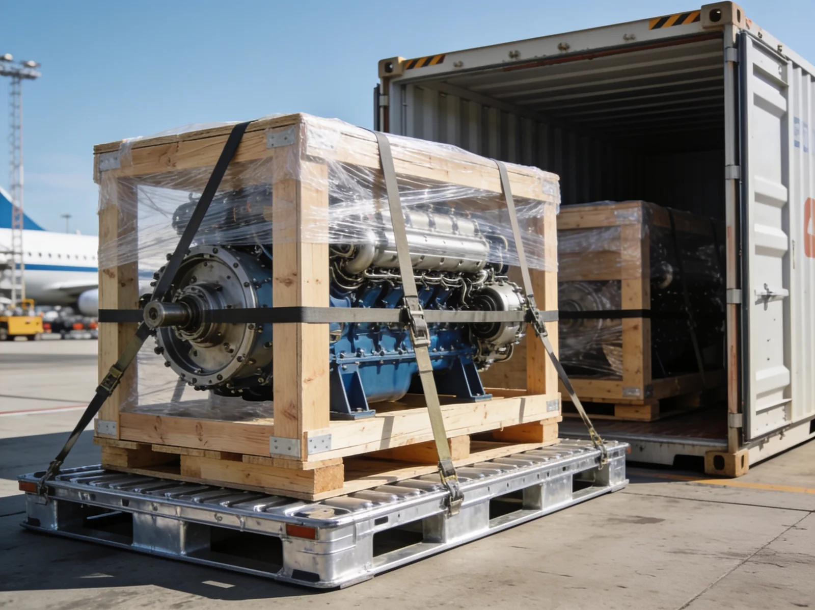 Marine parts in air-cargo crates on a pallet
