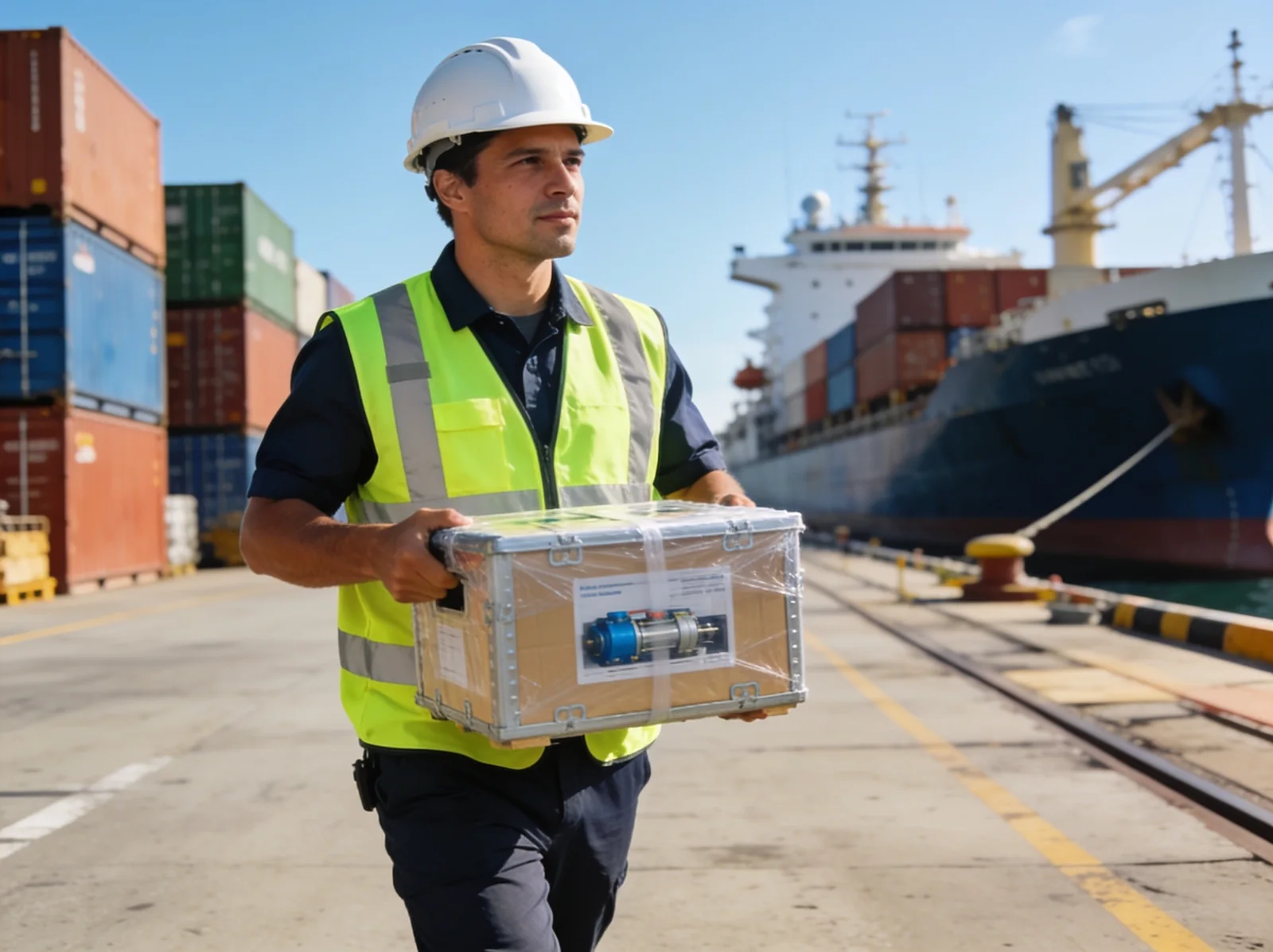 Port agent carrying a marine spare-parts crate at the quayside
