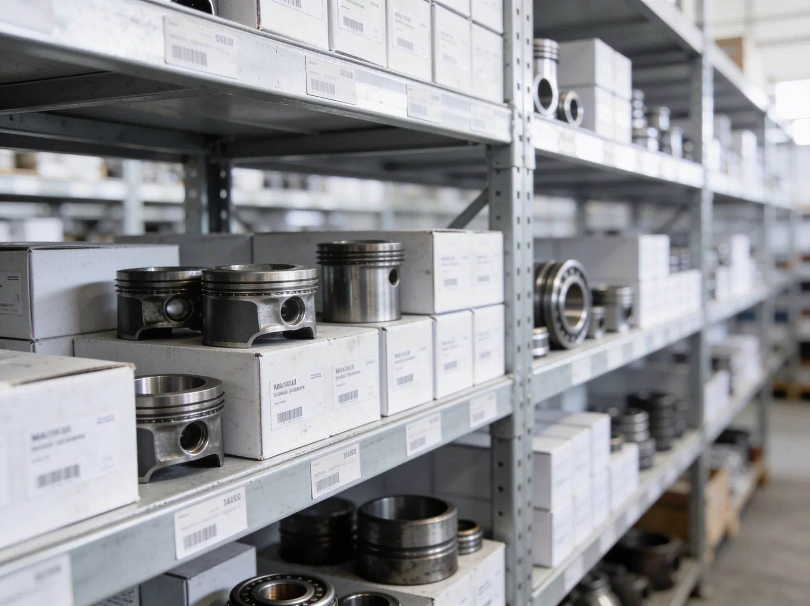 Warehouse racking of marine engine spares ready for dispatch