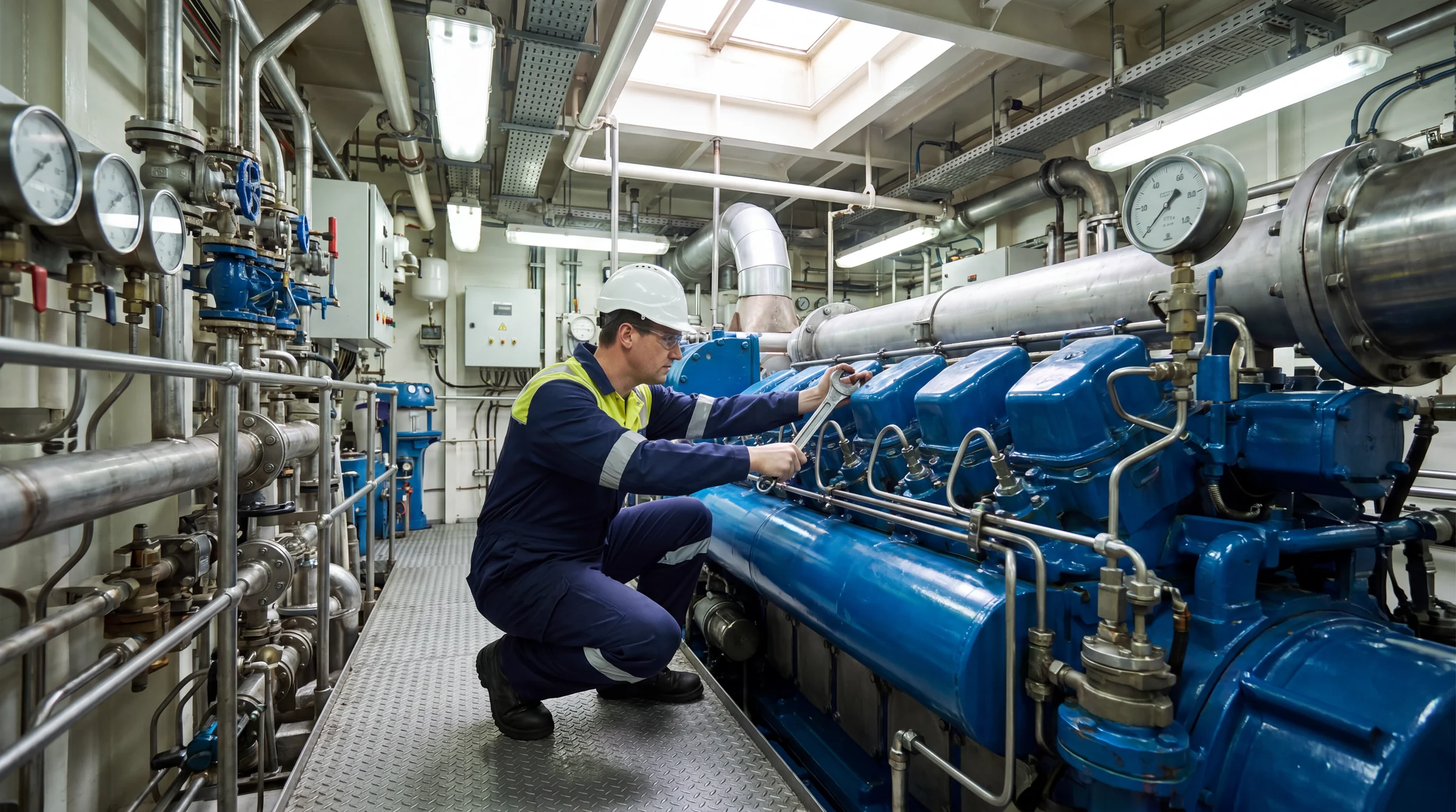 Marine engineer servicing ship machinery in the engine room