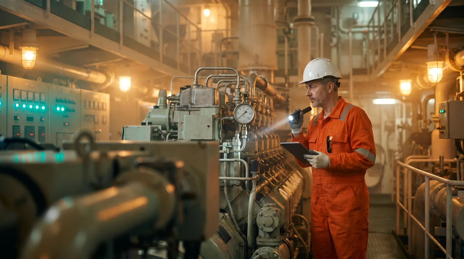 Marine chief engineer inspecting an oil separator in the engine room