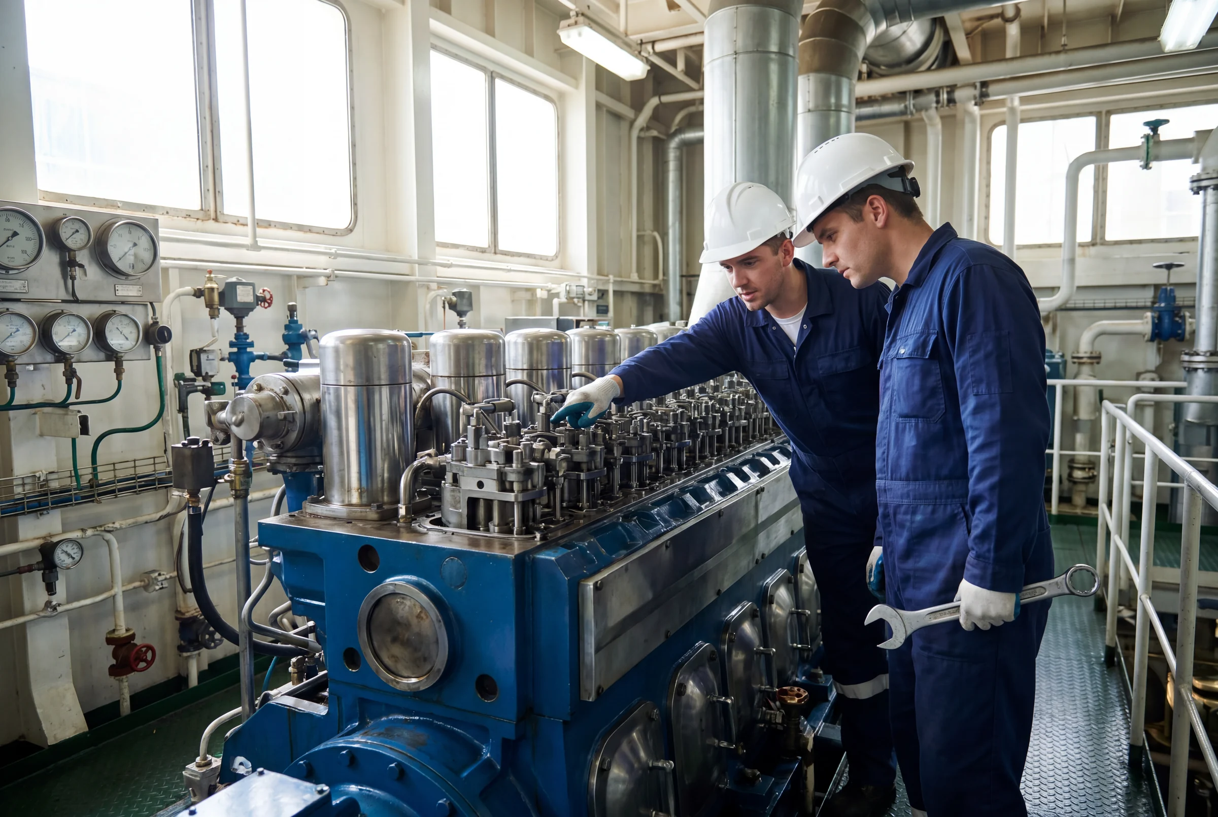Marine engineers servicing ship machinery in the engine room — request a spare parts quote