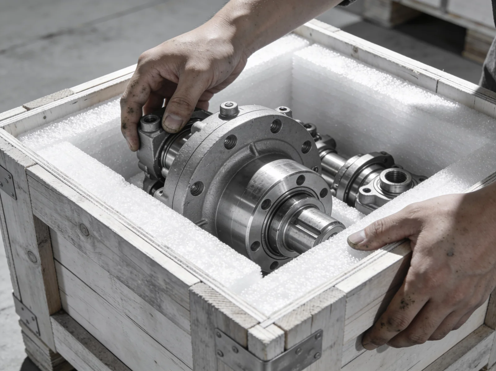 Seaworthy export crate of marine parts packed in India for shipment to the Netherlands