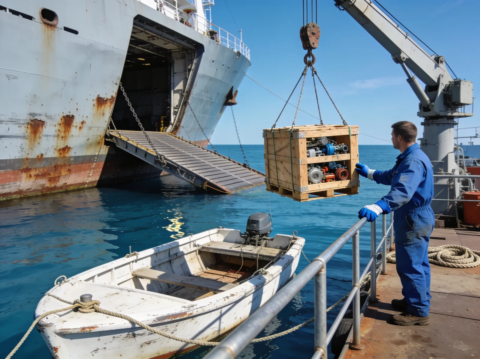 Spare-parts crate delivered to a vessel alongside at a berth