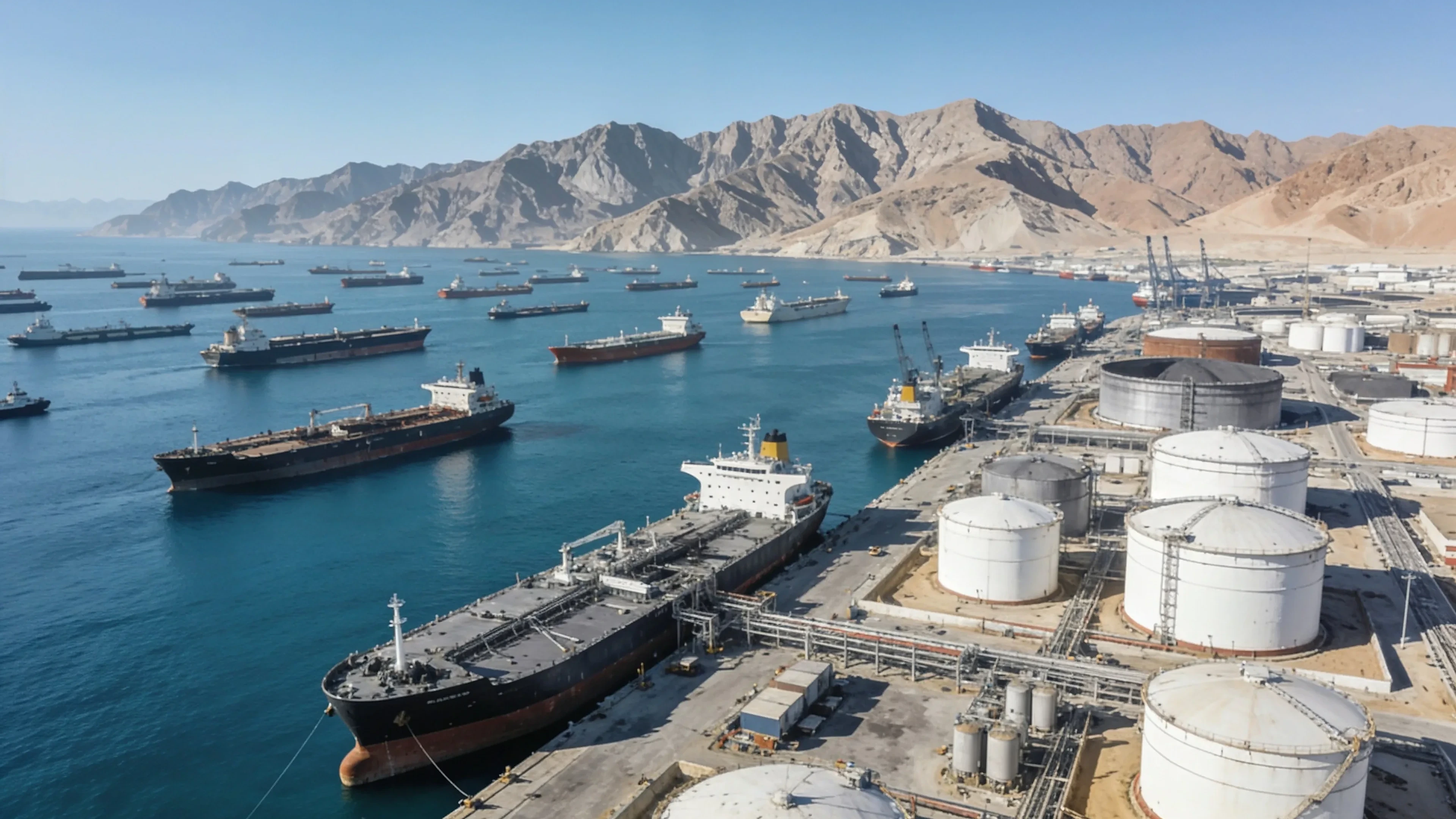 Port of Fujairah and its offshore anchorage on the Gulf of Oman - marine spare parts delivered to Fujairah