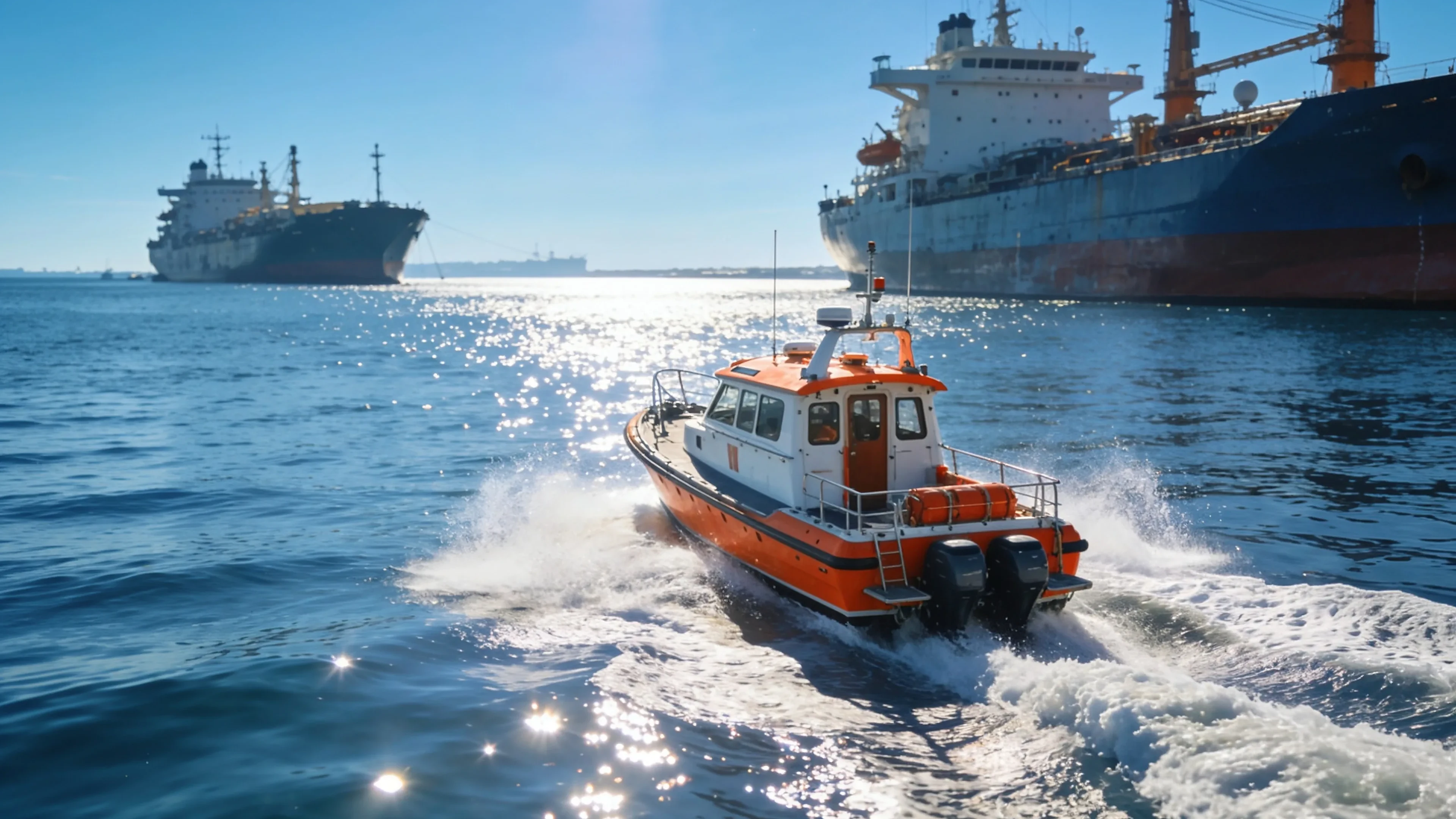 Supply launch boat heading out to ships at anchor in the Fujairah anchorage