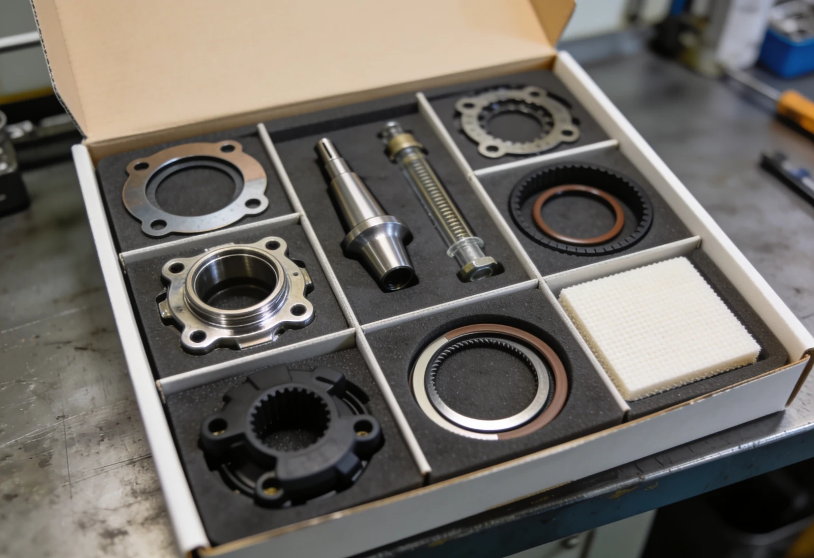 Complete fresh water generator overhaul kit in an open box - plate gaskets, ejector nozzle, salinometer cell, seals and demister