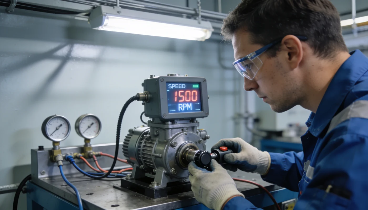 Marine engine governor being calibrated on a governor test bench