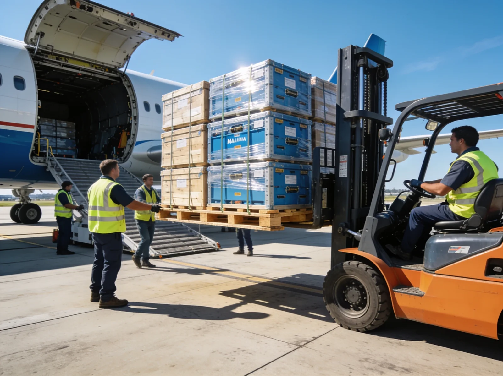 Marine spare parts loaded onto a cargo aircraft for air freight to Amsterdam Schiphol