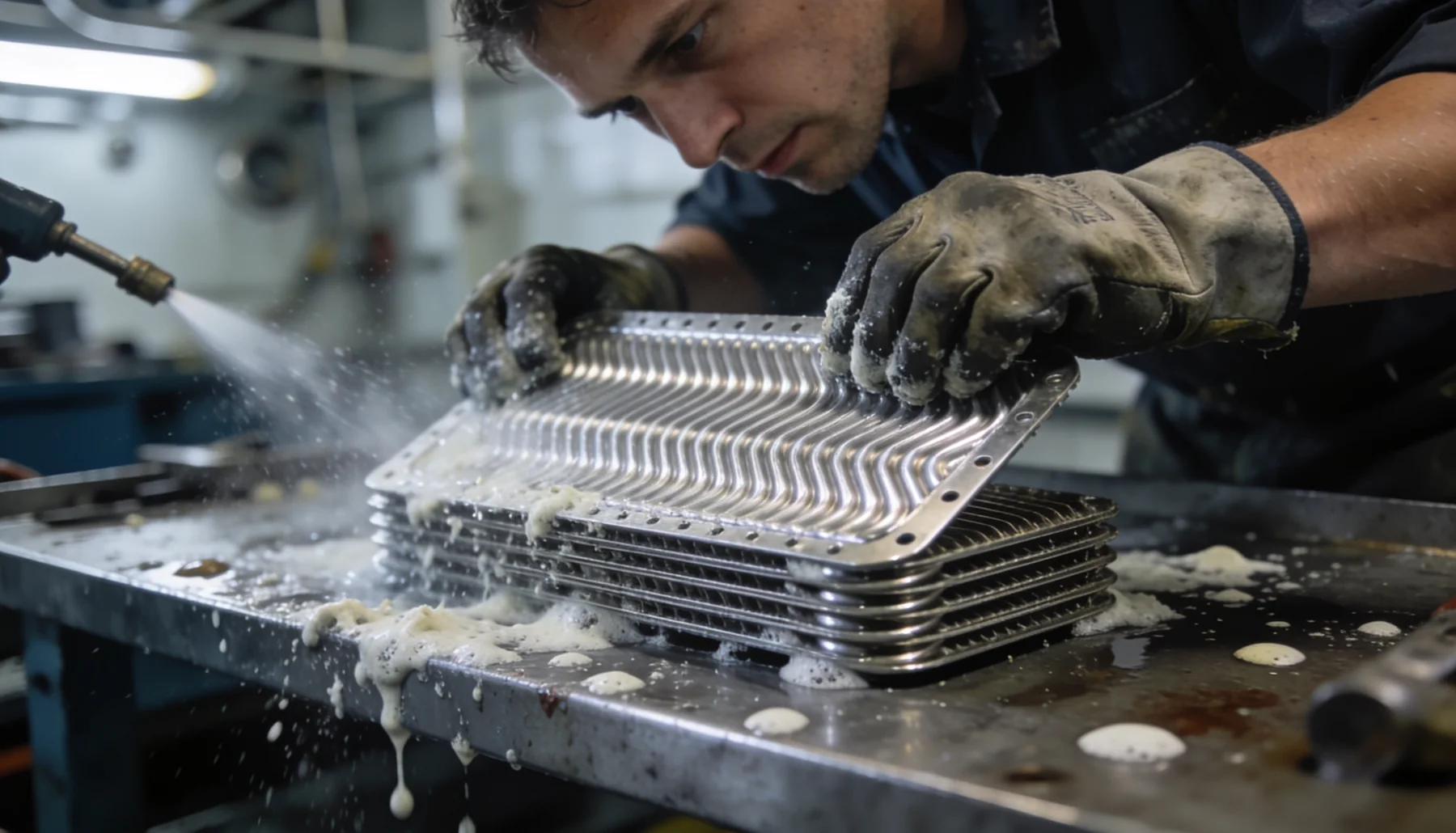 Marine heat exchanger plate pack being cleaned and inspected