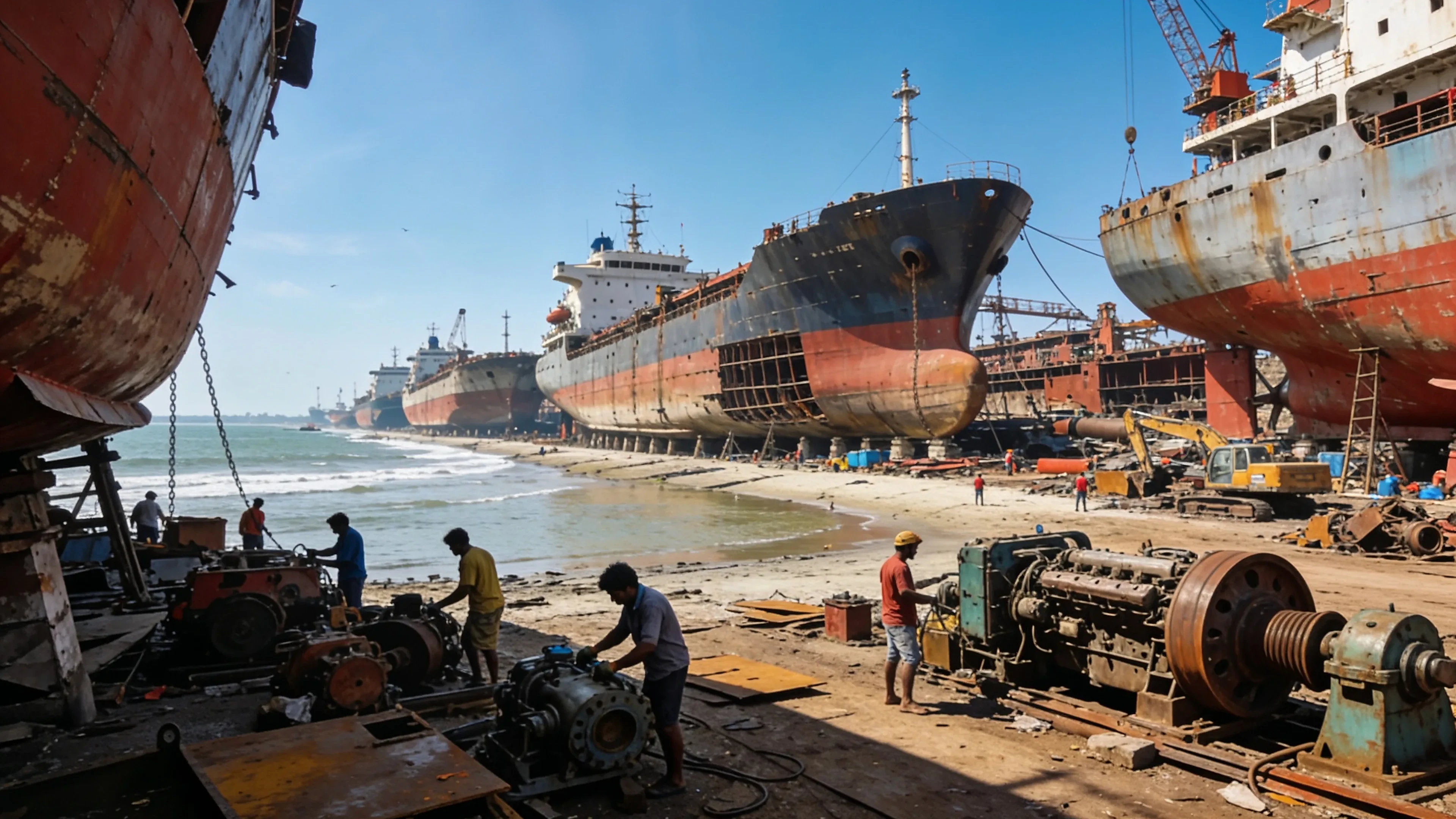 Alang ship-recycling yard in daytime - world's largest source of recovered marine parts