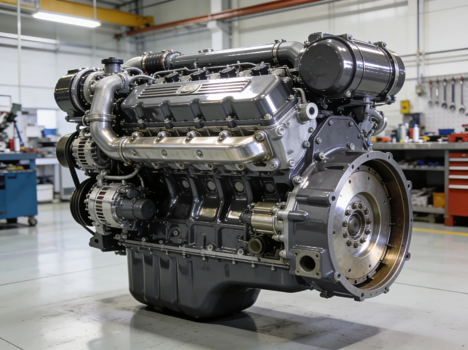 Complete reconditioned marine diesel engine in an Indian workshop